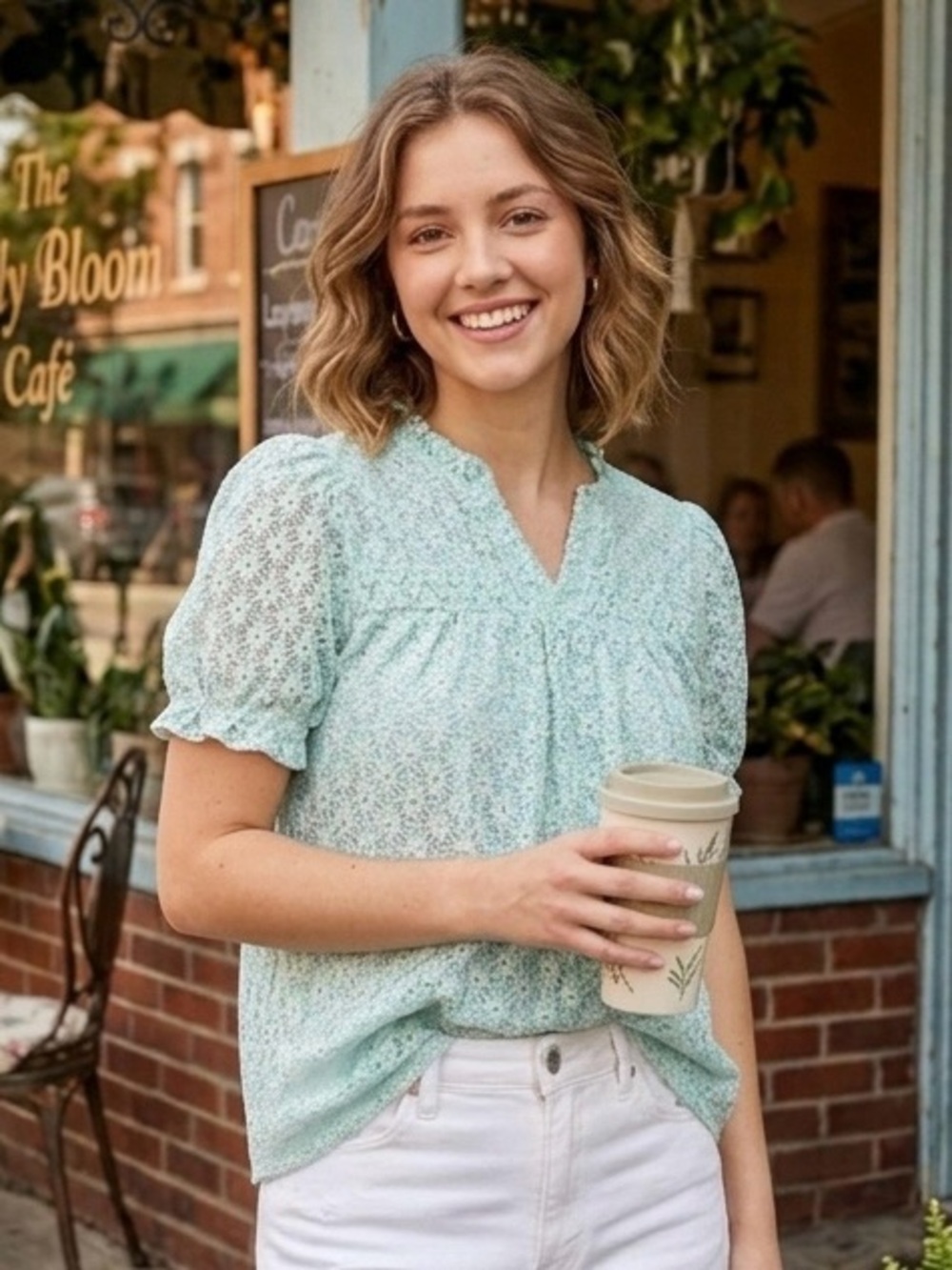 Light Aqua Lace Puff-Sleeve Blouse